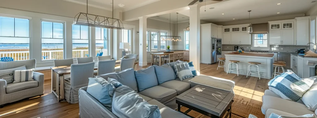 a bright and inviting coastal scene showcases charming beach homes in lewes, delaware, with expansive decks and beautifully remodeled kitchens and bathrooms, all bathed in warm sunlight against a serene backdrop of the ocean.