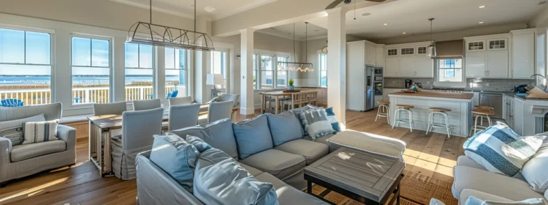 a bright and inviting coastal scene showcases charming beach homes in lewes, delaware, with expansive decks and beautifully remodeled kitchens and bathrooms, all bathed in warm sunlight against a serene backdrop of the ocean.