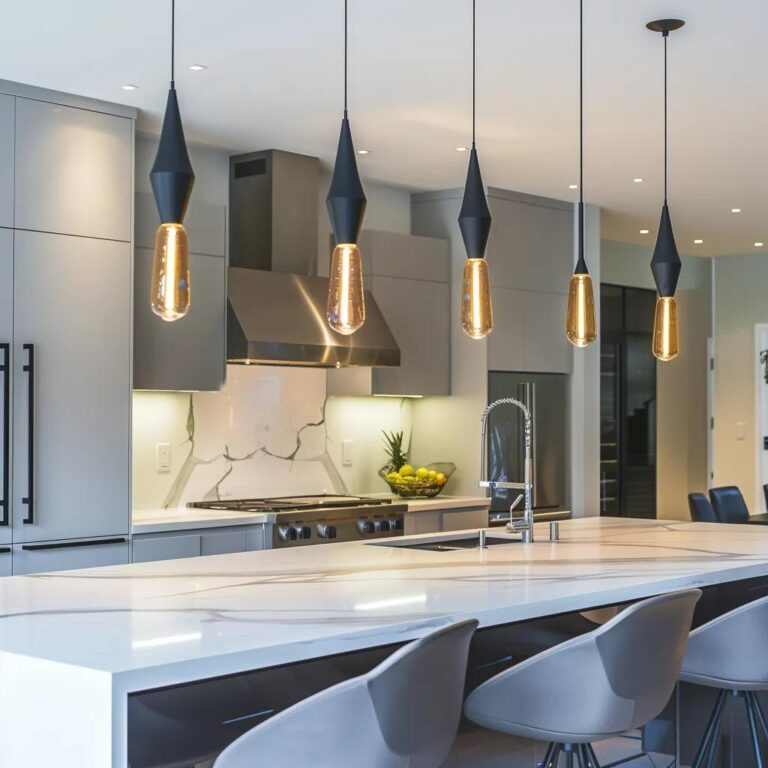 a sleek, contemporary kitchen featuring polished countertops, minimalist cabinetry, and state-of-the-art appliances, illuminated by stylish pendant lights, creating a vibrant and inviting atmosphere for modern cooking and entertaining.